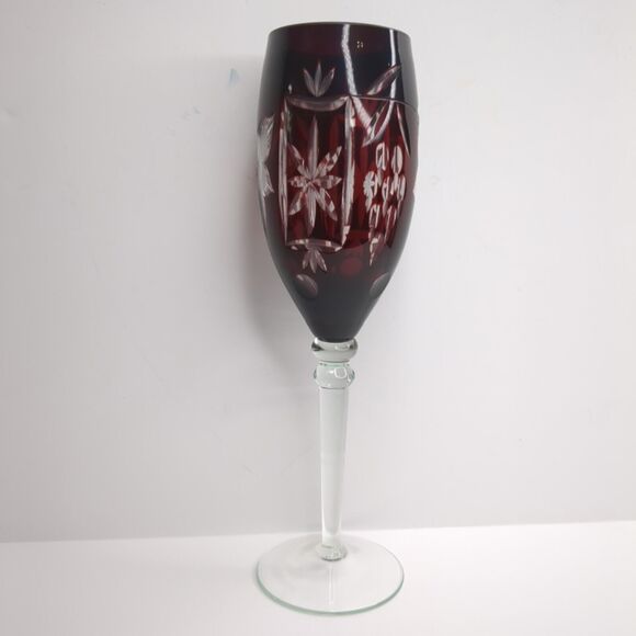 Ajka Marsala Cut Clear Crystal Tall Stem Ruby Red Champagne Flute Glasses 10" - Picture 5 of 6